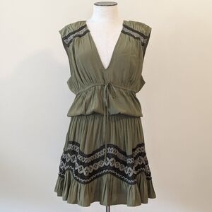 Ramy Brook Isra Mini Dress Sleeveless Deep V Neck Crochet Detail Clover XL NWT